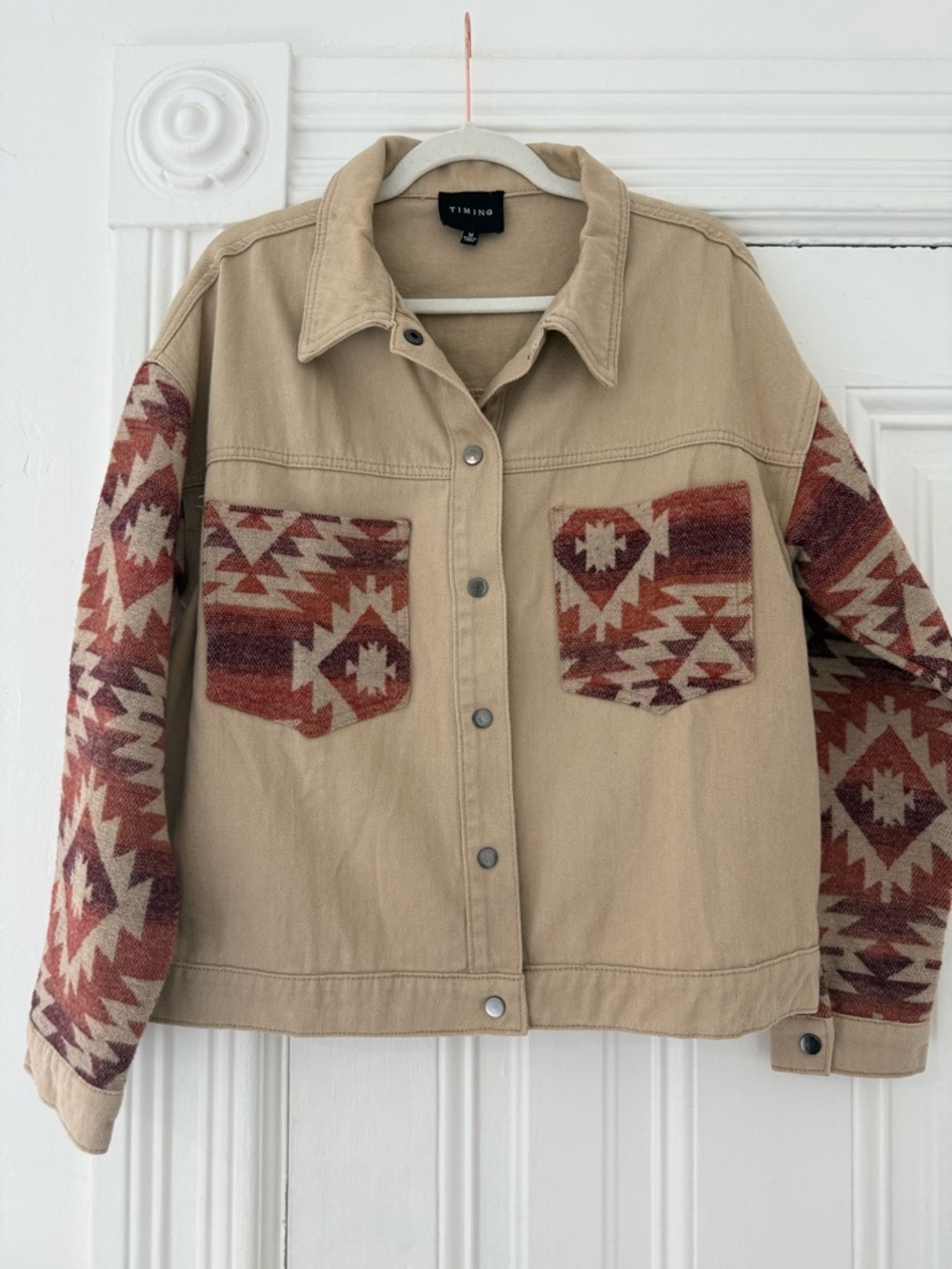 TIMING Tan Jacket with Rust Aztec Patterned Sleeves - Picture 3 of 10